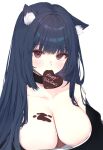  1girl absurdres animal_ear_fluff animal_ears bare_shoulders black_choker black_hair breasts brown_eyes candy cat_ears chocolate chocolate_on_body chocolate_on_breasts choker cleavage collarbone ear_down eyelashes food food_on_body happy_valentine heart heart-shaped_chocolate highres iomaaki large_breasts light_blush long_hair looking_at_viewer mouth_hold original simple_background solo straight_hair upper_body valentine white_background 