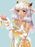  1girl animal_ears armlet ash_(fire_emblem) bangs bare_shoulders black_horns blue_background blunt_bangs blush breasts closed_mouth collar commentary_request cow_ears cow_girl cow_tail dark-skinned_female dark_skin dress ear_piercing fingernails fire_emblem fire_emblem_heroes gau_fe gold_trim grey_hair highres horns jewelry large_breasts looking_at_viewer piercing simple_background solo tail white_dress yellow_eyes 