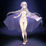  1girl absurdres aikura_chihiro alternate_costume ass_visible_through_thighs bare_shoulders bikini breasts cape fire_emblem fire_emblem:_genealogy_of_the_holy_war highres julia_(fire_emblem) long_hair looking_at_viewer open_mouth purple_cape purple_eyes purple_hair sandals simple_background small_breasts solo swimsuit underwear white_bikini 