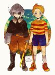  2boys anniversary blonde_hair blue_eyes blue_shorts blush bomber_jacket boots bow_(weapon) brothers claus_(mother_3) closed_mouth flower helmet heterochromia holding jacket kiguchiko knee_boots kneehighs lucas_(mother_3) male_focus mother_(game) mother_3 multiple_boys pants pants_tucked_in quiff red_eyes shirt shoes short_hair short_sleeves shorts siblings sneakers socks striped_clothes striped_shirt weapon 