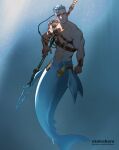 1boy abs armor artist_name bara chest_harness chinstrap_beard closed_mouth connected_beard coral_island english_commentary facial_hair full_body gold_bracelet grey_hair harness head_tilt highres holding holding_polearm holding_weapon looking_at_viewer male_focus merman mermay_2023 monster_boy muscular muscular_male mustache navel nipples otokobara pauldrons polearm scar scar_on_face semeru_(coral_island) short_hair shoulder_armor single_pauldron solo soul_patch undercut underwater weapon 