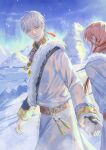  1boy 1girl absurdres aurora bangs btbttbt chinese_clothes highres holding_hands jewelry light_and_night_love long_hair long_sleeves looking_at_another male_focus miao_clothes pink_hair protagonist_(light_and_night_love) qi_sili short_hair smile snow_mountain snowing tassel walking white_hair yellow_eyes 