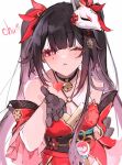  1girl bell black_choker black_hair black_sash blowing_kiss butterfly-shaped_pupils choker criss-cross_halter dress english_text fox_mask halterneck honkai:_star_rail honkai_(series) mask mask_on_head neck_bell o-ring one_eye_closed pink_eyes red_dress red_sleeves sash shinoo0915 simple_background solo sparkle_(honkai:_star_rail) symbol-shaped_pupils twintails upper_body white_background 