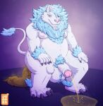  anthro balls big_balls blue_hair bodily_fluids calcifer141 chest_tuft chin_tuft crouching erection facial_tuft feces felid filth foreskin fur genital_fluids genitals hair hi_res jooper lion male mammal nipples overweight overweight_male pantherine peeing penis pooping pooping_on_floor red_eyes scat smegma solo steam tuft urine urine_on_ground urine_stream vein veiny_penis watersports white_body white_fur 