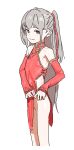  1girl azmira1534815 blue_eyes character_request china_dress chinese_clothes copyright_request covered_nipples detached_sleeves dress flat_chest grey_hair highres long_hair no_panties red_dress simple_background sketch solo two_side_up white_background 
