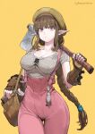  1girl absurdres axe bag bangs braid breasts brown_gloves brown_hair elf expressionless fingerless_gloves gloves hat highres holding holding_axe jun_(seojh1029) long_hair looking_at_viewer original overalls pink_eyes pointy_ears simple_background solo wood yellow_background 