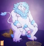  anthro balls big_balls blue_hair bodily_fluids calcifer141 chest_tuft chin_tuft crouching erection facial_tuft feces felid filth foreskin fur genital_fluids genitals hair hi_res jooper lion male mammal nipples overweight overweight_male pantherine peeing penis pooping pooping_on_floor red_eyes scat solo steam tuft urine urine_on_ground urine_stream vein veiny_penis watersports white_body white_fur 