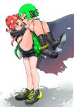  2girls agent_3_(splatoon) agent_8_(splatoon) bike_shorts black_footwear black_shirt black_shorts blue_eyes boots cape carrying crop_top eye_contact green_hair headgear high_heel_boots high_heels highres inkling inkling_girl inkling_player_character koharu2.5 long_hair looking_at_another multiple_girls octoling octoling_girl octoling_player_character orange_eyes princess_carry red_hair shirt shoes shorts simple_background sleeves_past_elbows splatoon_(series) splatoon_2 splatoon_2:_octo_expansion standing suction_cups tentacle_hair torn_cape torn_clothes white_background 