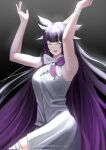  1girl :d armpits arms_up bandages bangs bare_arms bare_shoulders black_background blunt_bangs bow bowtie breasts closed_eyes columbina_(genshin_impact) dress erlisatakanashi feather_hair_ornament feathers genshin_impact grey_dress hair_ornament highres large_breasts long_hair open_mouth purple_hair sleeveless sleeveless_dress smile solo very_long_hair white_bow white_bowtie wrist_wrap 