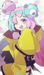  1girl ;d anidf bow-shaped_hair character_hair_ornament commentary green_hair hair_ornament hand_up head_tilt highres iono_(pokemon) jacket long_hair looking_at_viewer multicolored_hair one_eye_closed open_mouth pink_hair pokemon pokemon_sv sleeves_past_fingers sleeves_past_wrists smile solo symbol-only_commentary teeth thigh_strap twintails two-tone_hair upper_teeth_only yellow_jacket 