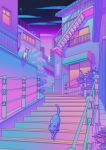  architecture blue_cat blue_clouds building cat city east_asian_architecture gradient_sky highres neon_palette night night_sky no_humans on_wall original outdoors owakita purple_sky purple_theme railing scenery sitting_on_wall sky stairs star_(sky) tile_wall tiles tree white_cat window 
