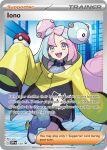  artist_name blue_hair bow-shaped_hair card_(medium) character_name commentary_request copyright_name english_text highres holding holding_poke_ball iono_(pokemon) jacket multicolored_eyes multicolored_hair official_art pink_hair poke_ball pokemon pokemon_sv pokemon_tcg purple_eyes sharp_teeth shirt sleeveless sleeveless_shirt sleeves_past_wrists teeth trading_card two-tone_hair yellow_eyes yellow_jacket yuu_(higashi_no_penguin) 