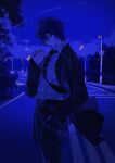  1boy absurdres blue_eyes blue_hair blue_theme cigarette closed_mouth cloud collared_shirt commentary from_side hand_in_pocket highres holding holding_cigarette jacket kaito_(vocaloid) kazenemuri lamppost looking_at_viewer male_focus necktie night night_sky open_clothes open_jacket outdoors road road_sign serious shirt short_hair sign sky smoke solo standing suit vocaloid 