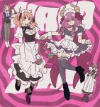  2boys 2girls alternate_costume apron aura_(sousou_no_frieren) black_dress black_footwear blue_coat blue_eyes breasts brown_pants closed_mouth coat coattails commentary_request cup demon_boy demon_girl demon_horns dot_mouth draht_(sousou_no_frieren) dress enmaided frills full_body grey_thighhighs heart heart_hands highres holding holding_cup horns juliet_sleeves linie_(sousou_no_frieren) long_dress long_hair long_sleeves looking_at_viewer lugner_(sousou_no_frieren) maid maid_apron maid_day maid_headdress medium_breasts multiple_boys multiple_girls pants pink_hair pouring puffy_short_sleeves puffy_sleeves shoes short_dress short_sleeves smile sousou_no_frieren takeuchi_ryousuke thighhighs twintails weighing_scale white_apron 