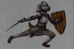  action_pose animew anthro armor belt black_spots boots bottomwear canid canine canis chainmail clothed clothing coco_chockshund_(animew) dark_body domestic_dog female footwear furgonomics headgear helmet hi_res holding_object holding_shield holding_sword holding_weapon mammal medieval melee_weapon pants plate_armor pose shield simple_background solo spots spotted_body swing sword weapon 