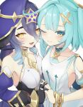 2girls :d aqua_hair armpit_crease armpit_cutout asymmetrical_docking bare_shoulders black_gloves blue_hair blue_nails blush bracelet breast_press breasts clothing_cutout commentary_request detached_sleeves dress faruzan_(genshin_impact) genshin_impact gloves green_eyes green_nails hair_ornament halterneck highres holding_hands hood jewelry juliet_sleeves layla_(genshin_impact) long_hair long_sleeves looking_at_viewer multiple_girls nail_polish neck_ring one_eye_closed open_mouth puffy_sleeves ring shoulder_cutout simple_background small_breasts smile twintails upper_body ura_(hamburg_oniku) white_background white_dress x_hair_ornament yellow_eyes 