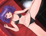  1girl :o bikini black_bikini blunt_bangs blush breasts breasts_apart couch highres idolmaster idolmaster_shiny_colors itapi long_hair looking_at_viewer navel navel_piercing on_couch piercing purple_eyes purple_hair small_breasts solo spread_legs stomach swimsuit tanaka_mamimi teeth tile_floor tiles twintails upper_teeth_only 