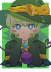  1girl absurdres blush_stickers bow bright_pupils capelet closed_mouth commentary commentary_request cookie_(touhou) cosplay elbow_gloves english_commentary eyeball gloves green_capelet green_gloves green_hair green_hat hands_on_own_cheeks hands_on_own_face hat hat_bow highres kirisame_marisa koishi_day komeiji_koishi komeiji_koishi_(cosplay) looking_at_viewer medium_bangs meguru_(cookie) nonpik_aku short_hair smile solo thick_eyebrows third_eye touhou upper_body white_pupils witch_hat yellow_bow 