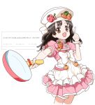  1girl apron azmira1534815 black_hair brown_eyes cooking_idol_ai!_mai!_main! dress frying_pan hat highres hiiragi_mine holding holding_frying_pan index_finger_raised long_hair looking_at_viewer pink_dress smile solo 