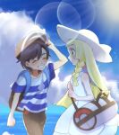  1boy 1girl aria_pkmn arm_up bag black_hair blonde_hair braid clenched_hand closed_eyes closed_mouth cloud commentary_request day dress duffel_bag elio_(pokemon) eyelashes green_eyes grin hat highres holding_strap lens_flare lillie_(pokemon) long_hair looking_at_another outdoors pants pokemon pokemon_sm shirt short_sleeves sky sleeveless sleeveless_dress smile sun_hat t-shirt teeth white_dress white_hat 