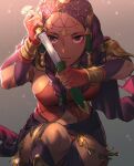  1girl amino_hpa backlighting braid breasts brown_eyes capelet clothing_cutout cowboy_shot dagger dark-skinned_female dark_skin facial_mark fingerless_gloves fire_emblem fire_emblem:_three_houses fire_emblem_warriors:_three_hopes gloves gold_trim highres holding holding_dagger holding_weapon knife large_breasts long_hair looking_at_viewer navel_cutout official_alternate_costume official_alternate_hairstyle orange_gloves petra_macneary purple_capelet purple_hair serious sheath sideboob solo unsheathing weapon 
