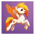  2022 blonde_hair brown_eyes cutie_mark digital_media_(artwork) equid equine eyelashes feathered_wings feathers female feral flare_(g5) flying fur hair hasbro hi_res hooves inner_ear_fluff luminousdazzle mammal mlp_g5 my_little_pony open_mouth open_smile orange_body orange_feathers pegasus smile solo tuft white_body white_fur wings yellow_tail 