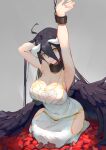  1girl albedo_(overlord) arm_behind_head armpits arms_up black_collar black_feathers black_wings breasts c-ongc chain collar covered_navel demon_girl demon_horns dress feathered_wings feathers grey_background hip_vent horns large_breasts low_wings overlord_(maruyama) solo white_dress white_horns wings yellow_eyes 