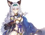  1girl animal_ear_fluff armor bangs blue_cape breasts cape cleavage dress floating_hair granblue_fantasy green_hairband hair_between_eyes hair_tubes hairband heles long_hair looking_at_viewer medium_breasts parted_lips shiny shiny_hair shoulder_armor simple_background solo soriya standing strapless strapless_dress very_long_hair white_background white_hair yellow_eyes 