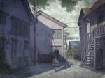  1boy building cloud cloudy_sky door highres house keishi109 original outdoors power_lines scenery shadow sky solo stairs town utility_pole 