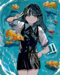  1girl bakui02 black_hair black_skirt black_vest blue_background buttons closed_mouth commentary cowboy_shot fish grey_eyes hair_ornament hand_up highres long_hair looking_at_viewer miniskirt original shirt short_sleeves signature skirt smile solo standing symbol-only_commentary v vest water white_shirt 