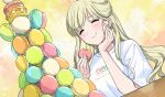  1girl ^_^ akroglam blonde_hair closed_eyes closed_mouth commentary_request eating eno_(akroglam) facing_viewer food hand_on_own_cheek hand_on_own_face hands_up highres holding holding_food long_hair macaron macaron_tower official_art second-party_source shirt short_sleeves smile solo t-shirt too_many upper_body white_shirt 