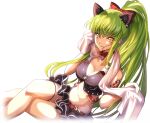  1girl animal_ear_fluff animal_ears arm_tattoo artist_request bare_shoulders belt black_shirt black_skirt bow bowtie breasts c.c. cat_ears cat_girl cleavage code_geass code_geass:_lost_stories collarbone crop_top cropped_legs crossed_legs earrings game_cg green_hair hair_between_eyes hair_bow hands_up high_ponytail highres holding holding_towel jewelry legs locket long_hair looking_at_viewer medium_breasts midriff miniskirt navel non-web_source official_art parted_lips pendant plaid plaid_bow red_bow red_bowtie shirt sidelocks simple_background single_earring sitting skirt sleeveless sleeveless_shirt solo stomach sweat tattoo teeth thigh_strap thighs towel towel_around_neck transparent_background very_long_hair wiping_face yellow_eyes 