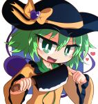  1girl black_hat bow bright_pupils chibi commentary_request frilled_shirt_collar frilled_sleeves frills green_eyes green_hair hair_between_eyes hands_up hat hat_bow heart highres holding holding_weapon index_finger_raised jitome kajiya_no_masa komeiji_koishi long_sleeves looking_at_viewer nata_(tool) one-hour_drawing_challenge open_mouth shirt short_hair simple_background smile smug solo third_eye touhou upper_body weapon white_background white_pupils wide_sleeves yellow_bow yellow_shirt 