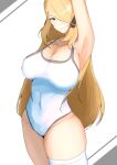  1girl arm_up armpits blonde_hair breasts cleavage closed_mouth commentary covered_navel curvy cynthia_(pokemon) grey_eyes groin hair_ornament hair_over_one_eye highres large_breasts long_hair looking_at_viewer one-piece_swimsuit pokemon pokemon_dppt smile solo swimsuit tatsu_(user_rjes8545) thighhighs thighs very_long_hair white_one-piece_swimsuit white_thighhighs 