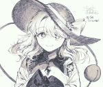  1girl buttons closed_mouth commentary_request dated diamond_button frilled_sleeves frills greyscale hat hat_ribbon komeiji_koishi long_hair long_sleeves looking_at_viewer monochrome ribbon shirt signature simple_background smile solo straight-on third_eye touhou upper_body wadante 