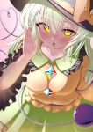  1girl absurdres black_hat blush breasts buttons collared_shirt diamond_button frilled_shirt_collar frilled_sleeves frills green_eyes green_hair hair_between_eyes hat hat_ribbon heart heart_of_string highres komeiji_koishi long_hair long_sleeves looking_at_viewer medium_breasts open_mouth polyhedron2 ribbon shirt signature solo third_eye touhou wide_sleeves yellow_ribbon yellow_shirt 