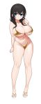  1girl :/ absurdres arm_at_side bare_arms bare_legs bare_shoulders bikini black_hair blue_eyes breasts closed_mouth commentary_request feet fingernails full_body gold_bikini hand_up highleg highleg_bikini highres huge_breasts light_blush long_hair looking_at_viewer micro_bikini navel omizu_(h2o) original playing_with_own_hair sandals simple_background skindentation solo standing stomach string_bikini sweatdrop swimsuit toenails toes underboob v-shaped_eyebrows white_background 