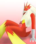  2016 amedama12321 anthro avian blaziken blue_eyes blush bodily_fluids censor_bar censored cum cum_covered_penis cum_on_penis erection generation_3_pokemon genital_fluids genitals hi_res japanese_description looking_at_viewer male multicolored_body nintendo orange_body penis pink_penis pokemon pokemon_(species) reclining simple_background sitting sitting_on_ground solo tail translated_description white_body yellow_body yellow_sclera 