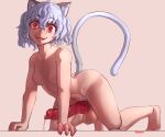  1girl all_fours animal_ears animal_penis artist_name barefoot breasts cat_ears cat_girl cat_tail completely_nude erection female_pubic_hair futanari grey_hair hair_between_eyes hunter_x_hunter knotted_penis looking_at_viewer neferpitou nipples nude open_mouth penis precum pubic_hair red_eyes seraziel short_hair simple_background small_breasts smile solo tail testicles uncensored 