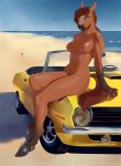  2023 absurd_res anthro arm_support beach benji_(benji_the_bay) breasts brown_body brown_fur brown_hair car day detailed_background digital_media_(artwork) equid equine female fur green_eyes hair hi_res hooves horse looking_at_viewer mammal nipples noxu nude outside pink_nipples pivoted_ears sand seaside sitting sitting_on_car solo summer vehicle yellow_car 