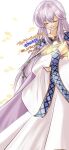  1girl book circlet closed_eyes dress fire_emblem fire_emblem:_genealogy_of_the_holy_war highres holding holding_book julia_(fire_emblem) long_hair purple_hair sifil_amfr simple_background smile solo wide_sleeves 
