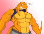  4_ears abs anthro bangaa biceps big_pecs biting_shirt blue_eyes blush clothed clothing clothing_lift colored exposing_chest final_fantasy gradient_background grin locke_(spoongod) looking_at_viewer low-angle_view male multi_ear muscular muscular_male orange_body pecs shirt shirt_lift signature simple_background smile spoongod square_enix tank_top teeth topwear underwear vein video_games 
