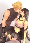  1boy 1girl absurdres arm_support armor baggy_pants bare_arms bare_shoulders black_gloves black_hair black_skirt black_thighhighs blonde_hair blush breasts closed_mouth cloud_strife collarbone commentary_request couple cowboy_shot crop_top earrings eye_contact final_fantasy final_fantasy_vii final_fantasy_vii_rebirth final_fantasy_vii_remake gloves gradient_background highres imminent_kiss jewelry kneeling large_breasts long_hair looking_at_another looking_down looking_up low-tied_long_hair midriff miniskirt navel nikuya_(nikuya888) pants profile ribbed_sweater short_hair shoulder_armor single_bare_shoulder single_earring sitting skirt sleeveless sleeveless_turtleneck spiked_hair suspender_skirt suspenders sweater tank_top thighhighs tifa_lockhart turtleneck turtleneck_sweater twitter_username white_tank_top yokozuwari 