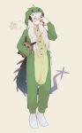  1girl absurdres animal_costume arkiwi arknights commentary dragon_costume dragon_girl dragon_horns dragon_tail english_commentary grey_background highres horns long_hair looking_at_viewer onesie orange_eyes saria_(arknights) simple_background socks solo tail white_hair white_socks 