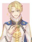  1boy alfred_(fire_emblem) aristocratic_clothes ascot blonde_hair blue_cape border cape circlet commentary_request fire_emblem fire_emblem_engage green_eyes highres i_cm_6hi23_9 looking_at_viewer open_mouth orange_gemstone outside_border pink_background prince simple_background solo sparkling_aura two-tone_background upper_body white_border yellow_ascot 