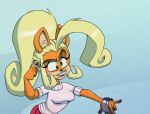  2023 activision anthony_loiacono anthro bandicoot blonde_hair breasts clothing coco_bandicoot crash_bandicoot_(series) cross-eyed digital_media_(artwork) female gesture green_eyes hair hi_res holding_object mammal marsupial simple_background solo sweater teeth topwear white_clothing white_sweater white_topwear 