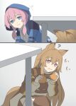  2girls :t ? animal_ears arknights bangs blue_eyes blue_jacket blue_poison_(arknights) brown_hair brown_shirt brown_thighhighs ceobe_(arknights) closed_mouth collared_shirt dog_ears dog_girl dog_tail dress_shirt eating food food_on_face hair_between_eyes hair_over_shoulder highres holding holding_food hood hood_up hooded_jacket jacket long_hair long_sleeves low_twintails multiple_girls open_clothes open_jacket pink_eyes pink_hair puffy_long_sleeves puffy_sleeves shirt table tail thighhighs twintails very_long_hair wavy_mouth white_shirt yokaze_(yokajie) 