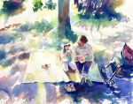  2girls baby_carrier cloud cloudy_sky day didi_daisukedoi grass highres mother_and_daughter multiple_girls original painting_(medium) picnic picnic_blanket shadow shoes sky sunlight traditional_media tree unworn_shoes watercolor_(medium) 