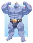  2024 4_fingers abs anthro artist_name biceps big_biceps blue_background bodily_fluids bulge championship_belt clenched_teeth clothed clothing digital_drawing_(artwork) digital_media_(artwork) fingers flexing flexing_bicep flexing_biceps flexing_both_biceps flexing_muscles generation_1_pokemon gradient_background hi_res humanoid looking_at_viewer machoke male muscular muscular_anthro muscular_arms muscular_legs muscular_male nails nintendo nipples o-ro one_eye_closed pokemon pokemon_(species) signature simple_background smile smiling_at_viewer solo sweat sweatdrop sweaty_abs sweaty_arms sweaty_body sweaty_chest sweaty_face sweaty_legs teeth thick_thighs topless topless_humanoid topless_male underwear white_background wink 