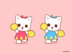  2girls animated animated_gif blue_bow blue_dress bow cat cheerleader dancing dress full_body furry furry_female holding holding_pom_poms looping_animation mai_narushima multiple_girls no_nose open_mouth original pink_background pink_bow pink_dress pom_pom_(cheerleading) simple_background solid_circle_eyes standing 
